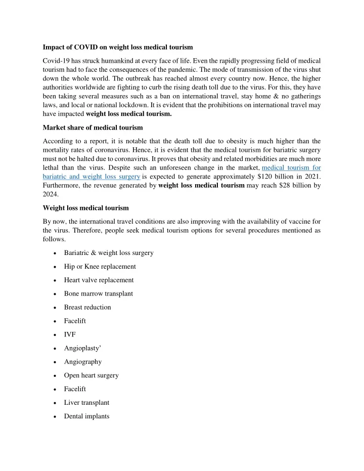 impact of covid on weight loss medical tourism