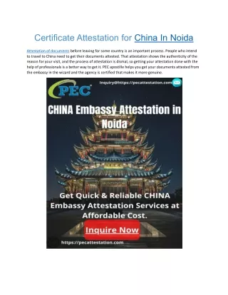 Certificate Attestation for China in Noida