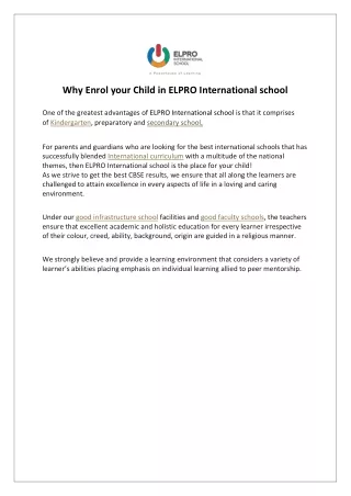 Why Enrol your Child in ELPRO International school