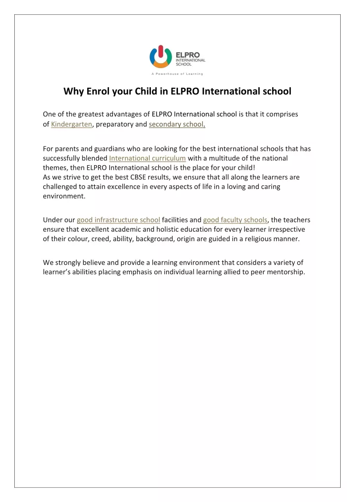 why enrol your child in elpro international