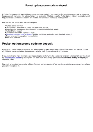 Pocket option promo code no deposit