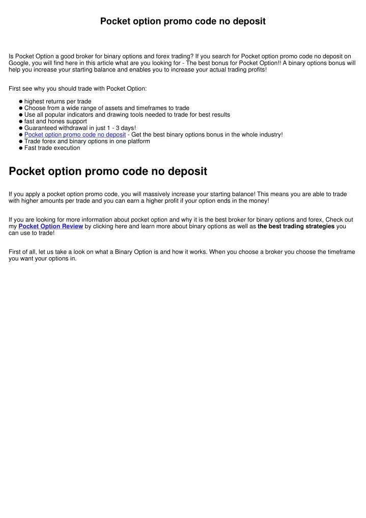 pocket option promo code no deposit