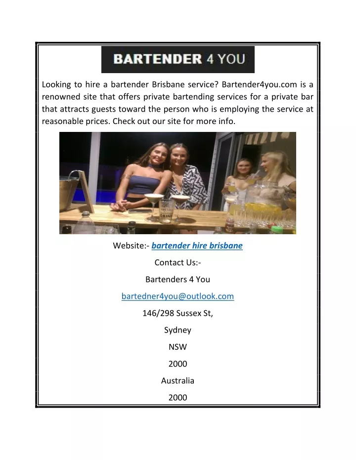 looking to hire a bartender brisbane service