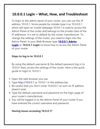 10.0.0.1 Login – What, How, and Troubleshoot