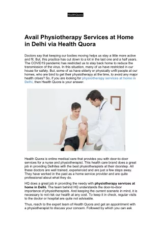 Avail Physiotherapy Services at Home in Delhi via Health Quora