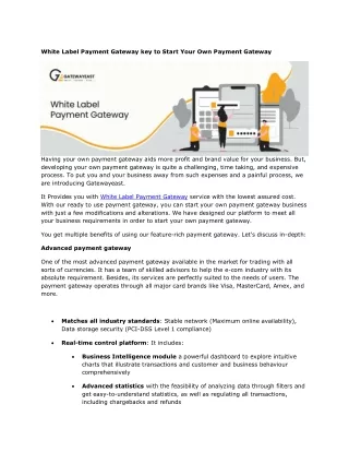 White Label Payment Gateway key to Start Your Own Payment Gateway