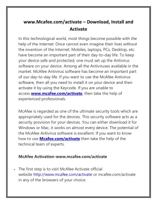 www.Mcafee.com/activate – Download, Install and Activate