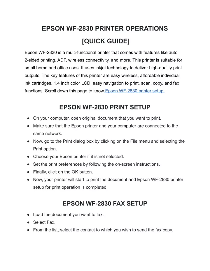 epson wf 2830 printer operations