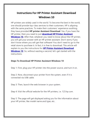 Instructions For HP Printer Assistant Download Windows 10