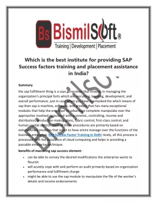Which is the best institute for providing SAP Success factors training and placement assistance in India