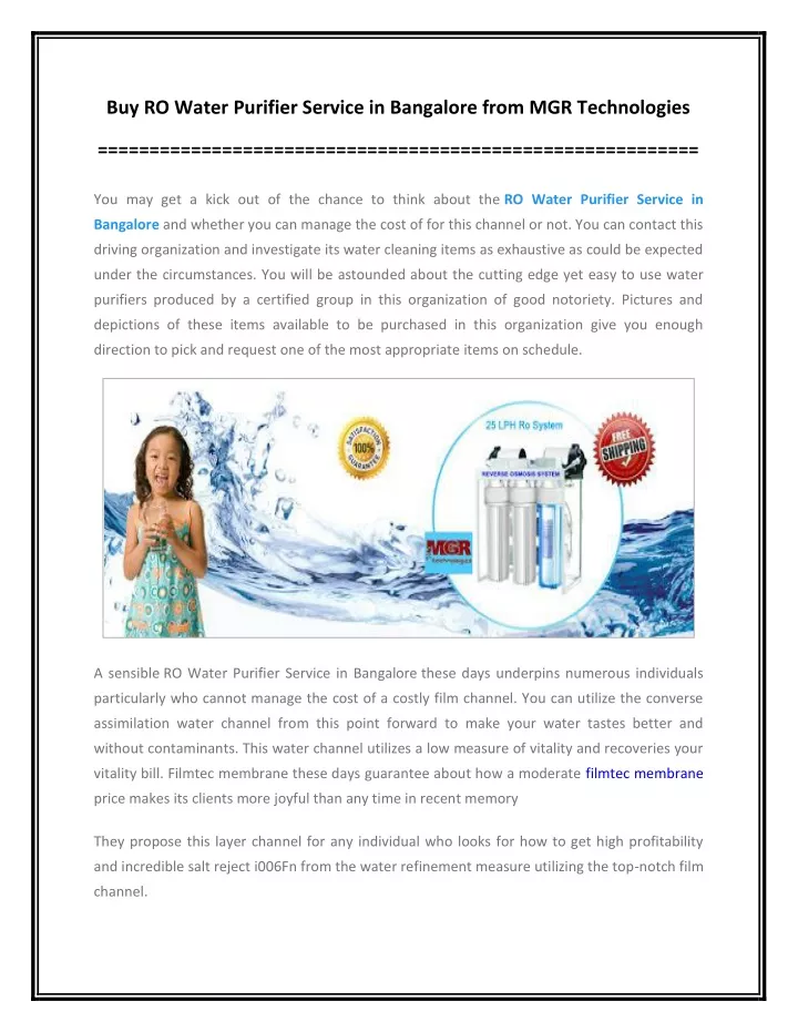 buy ro water purifier service in bangalore from