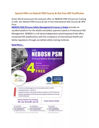 Special Offer on Nebosh PSM Course & Get Free HSE Certificates