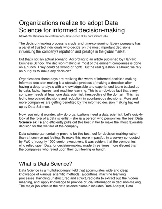 Organizations realize to adopt Data Science for informed decision