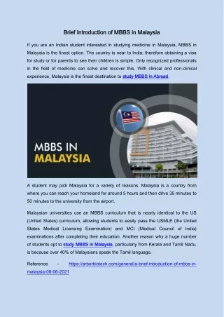 Brief Introduction of MBBS in Malaysia