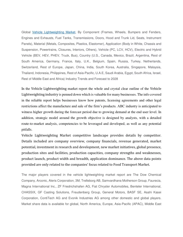 global vehicle lightweighting market by component