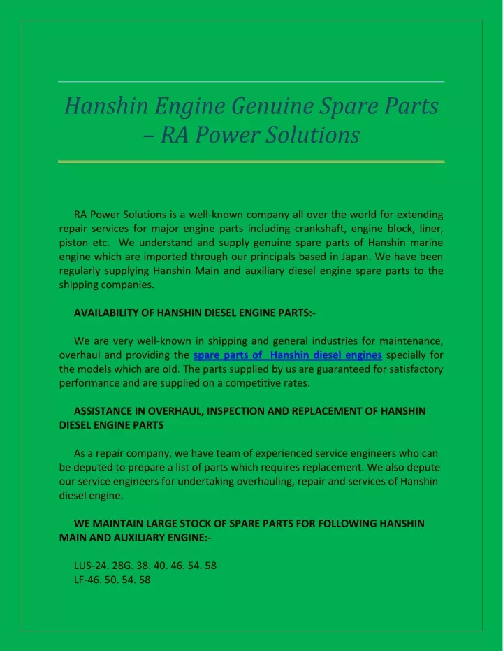hanshin engine genuine spare parts ra power