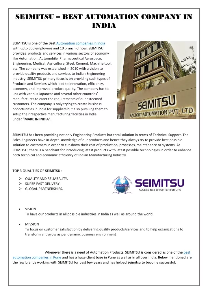 seimitsu best automation company in india