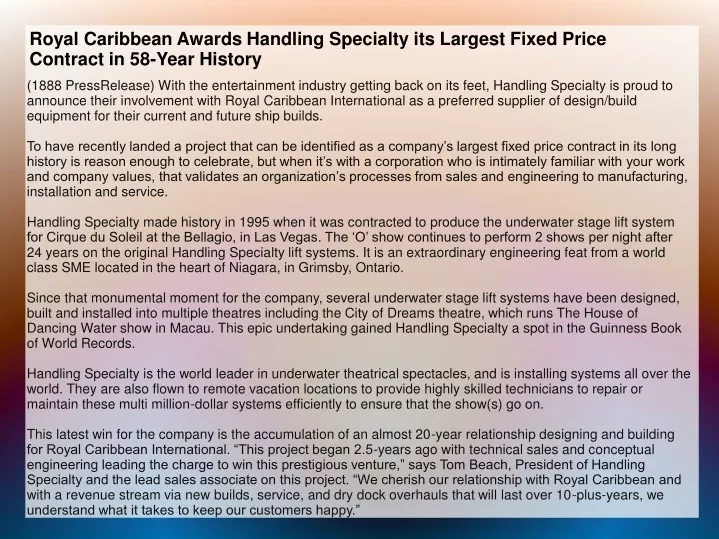 royal caribbean awards handling specialty