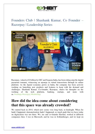 Founders Club | Shashank Kumar, Co Founder - Razorpay | Leadership Series - Exh