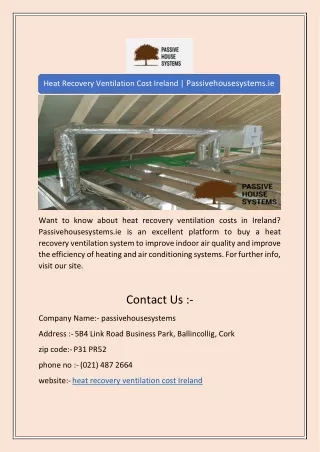 Heat Recovery Ventilation Cost Ireland | Passivehousesystems.ie