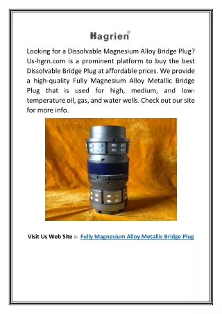 Fully Magnesium Alloy Metallic Bridge Plug | Us-hgrn.com