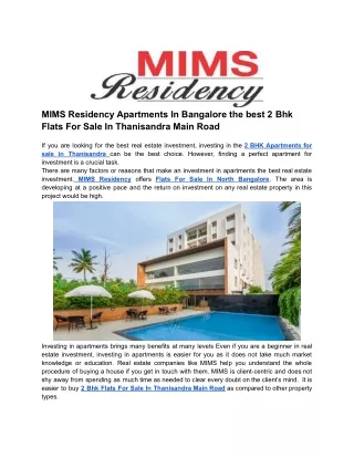 MIMS Residency Apartments In Bangalore the best 2 Bhk Flats For Sale In Thanisandra Main Road