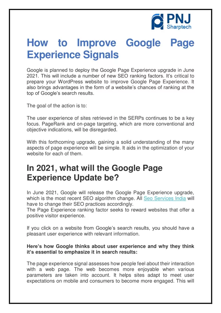 how to improve google page experience signals