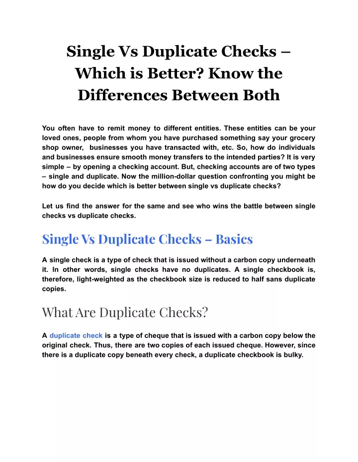 single vs duplicate checks which is better know