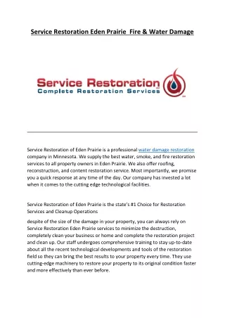 Service Restoration Eden Prairie  Fire & Water Damage