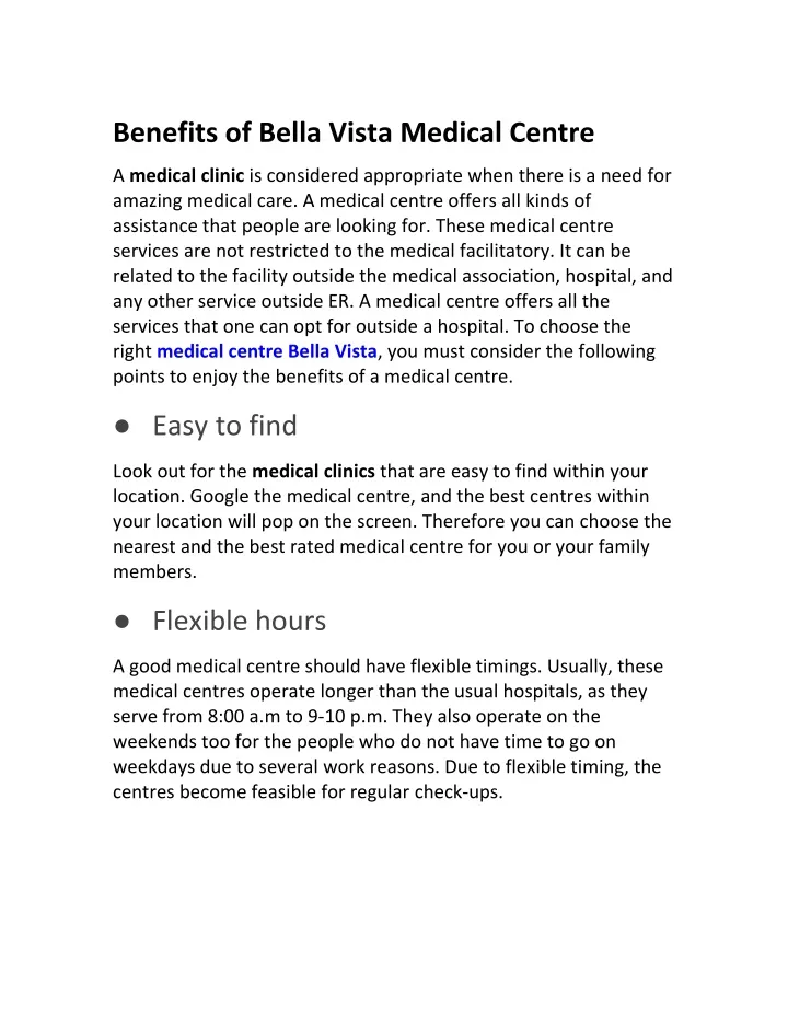 benefits of bella vista medical centre