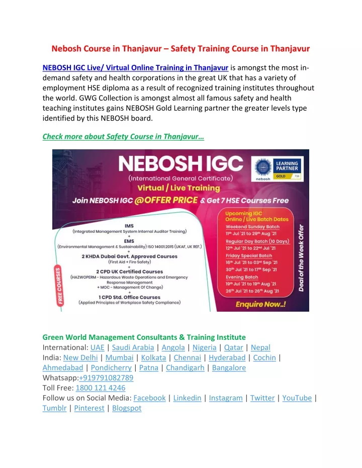 nebosh course in thanjavur safety training course