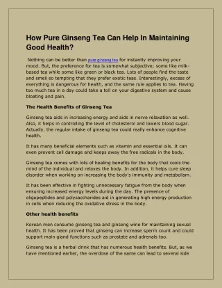 How Pure Ginseng Tea Can Help In Maintaining Good Health