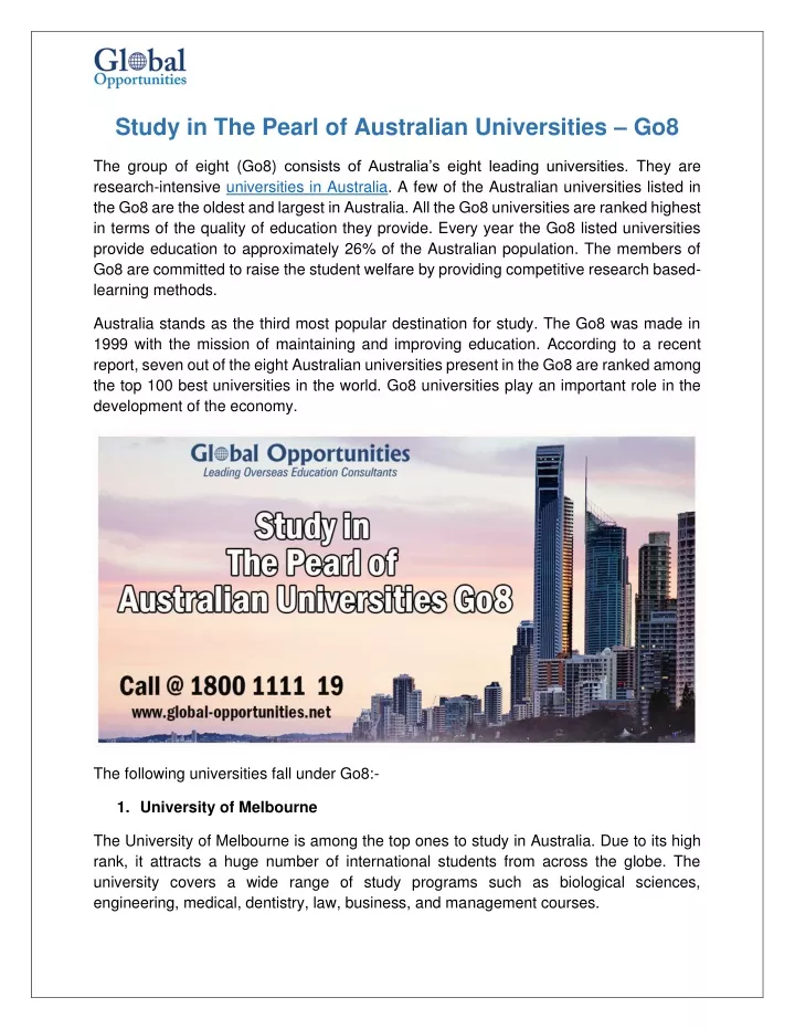 study in the pearl of australian universities go8