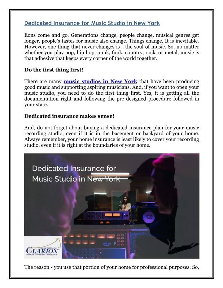 dedicated insurance for music studio in new york