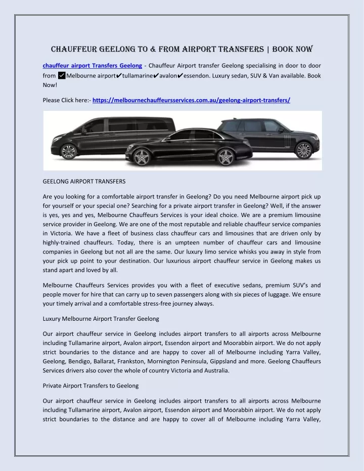 chauffeur geelong to from airport transfers book