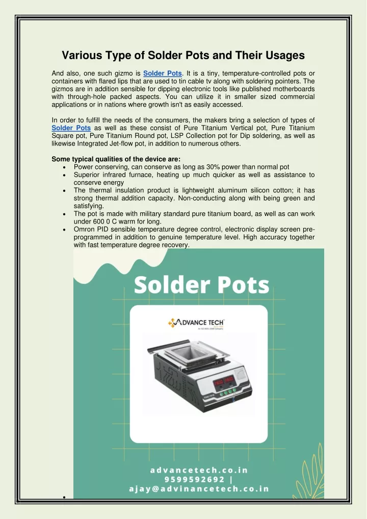 various type of solder pots and their usages