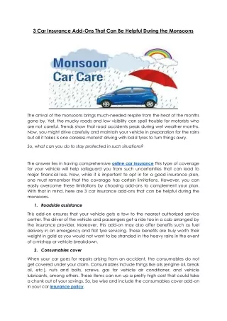3 Car Insurance Add-Ons That Can Be Helpful During the Monsoons