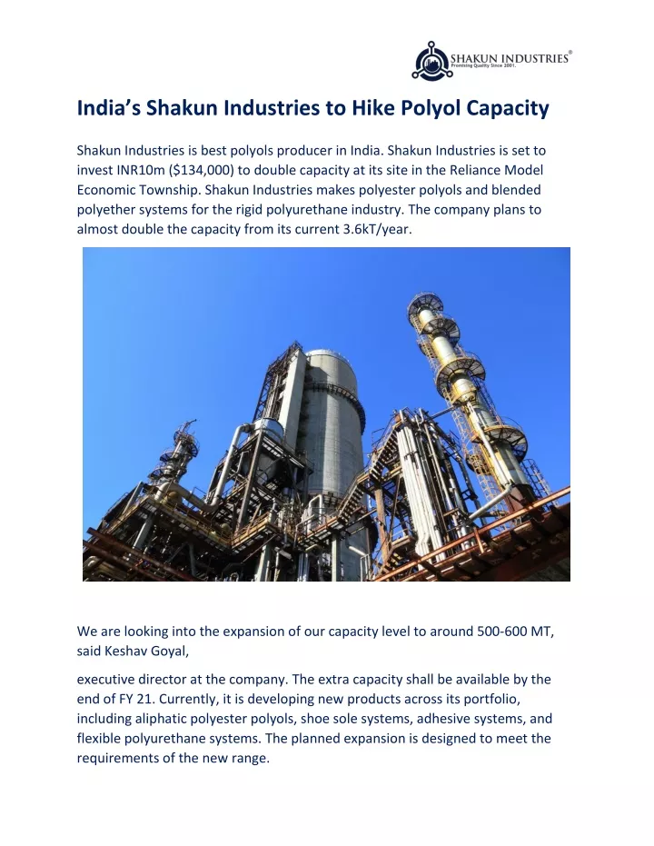 india s shakun industries to hike polyol capacity