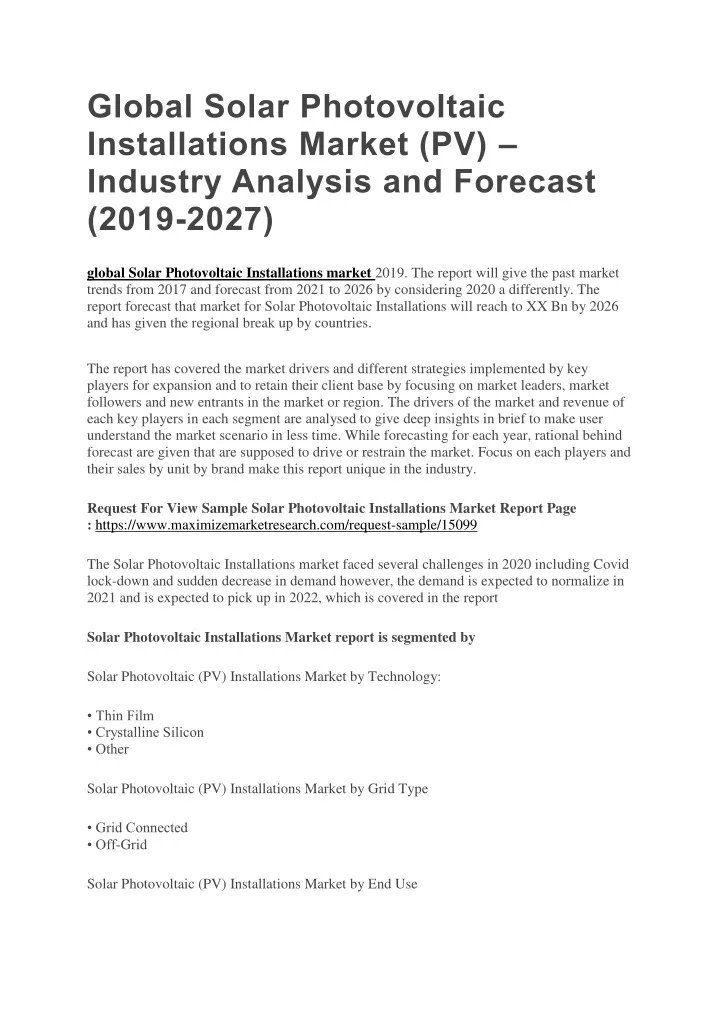 global solar photovoltaic installations market