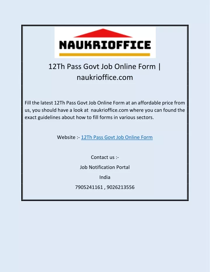 12th pass govt job online form naukrioffice com