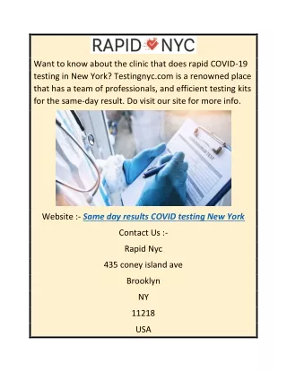 Same Day Results Covid Testing New York  Testingnyc.com