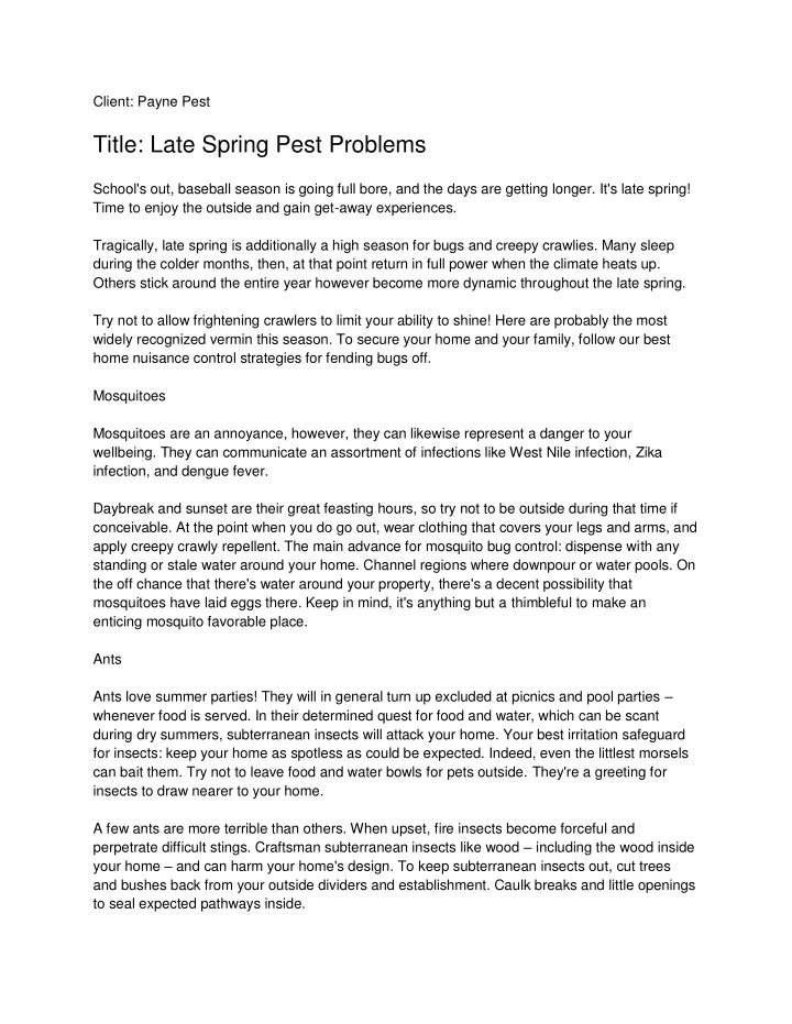 client payne pest title late spring pest problems