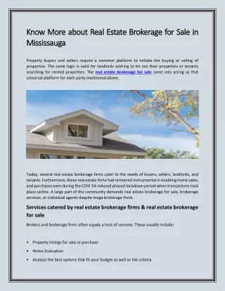 Know More About Real Estate Brokerage for Sale