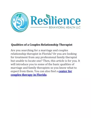 Qualities of a Couples Relationship Therapist