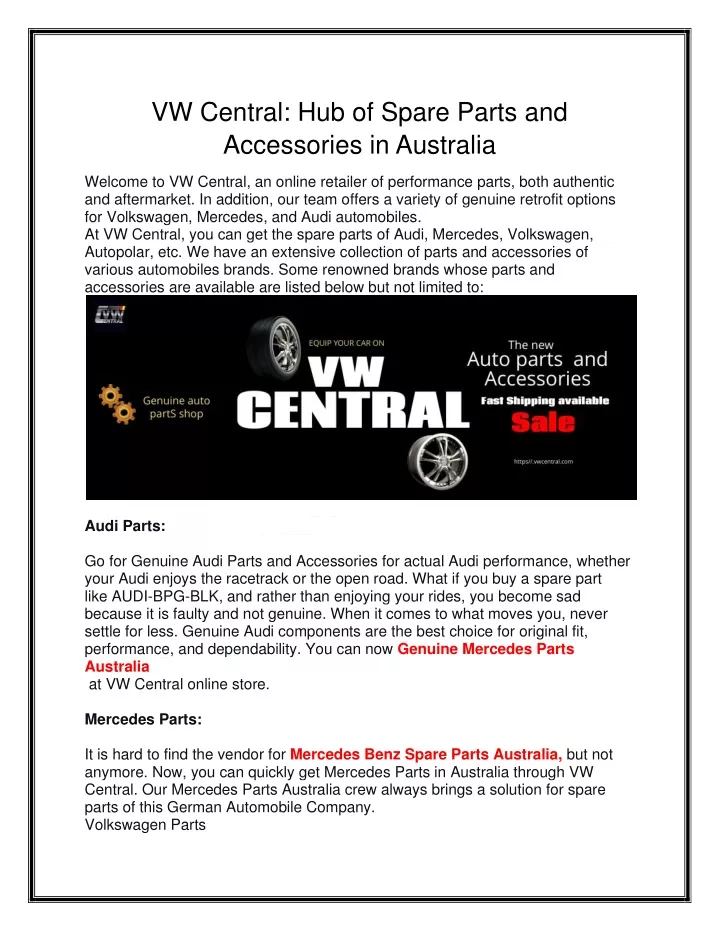 vw central hub of spare parts and accessories