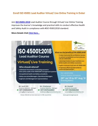 Enroll ISO  45001 Lead Auditor Virtual Live Online Training in Dubai