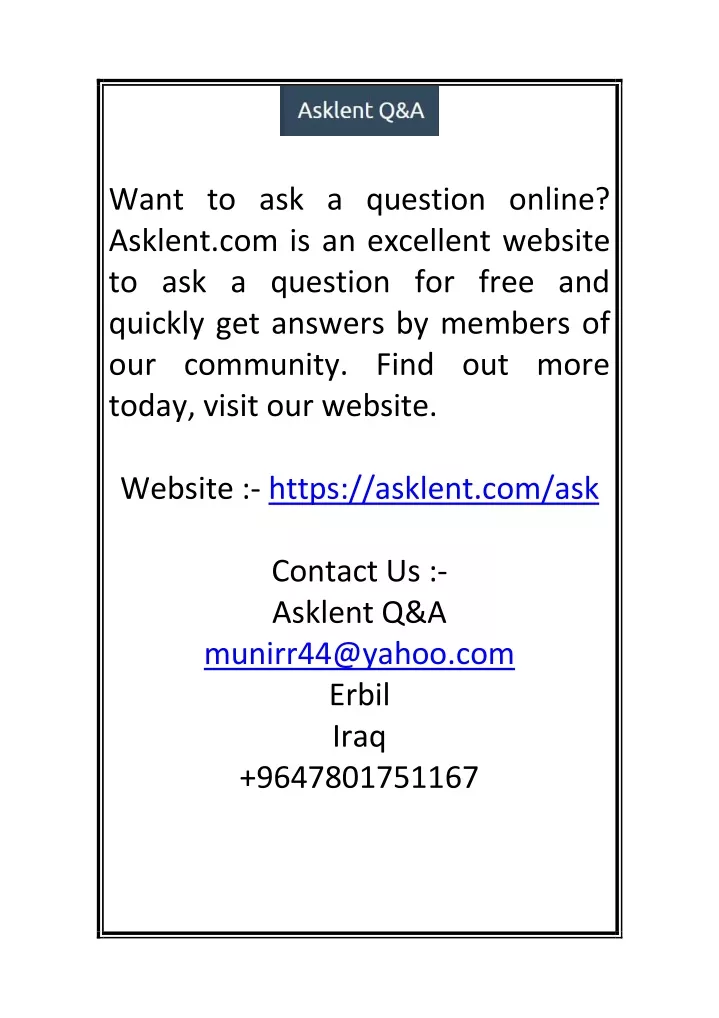 want to ask a question online asklent