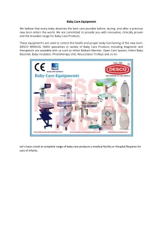 Information about various Baby Care Equipment used in Hospital by Desco Medical