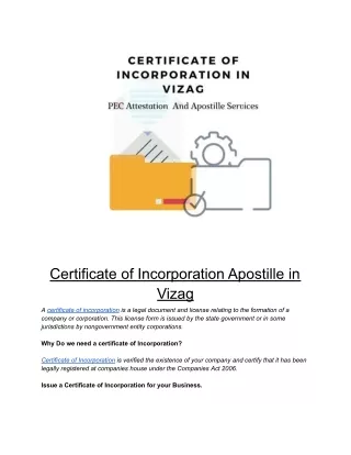 CERTIFICATE OF INCORPORATION APOSTILLE IN VIZAG