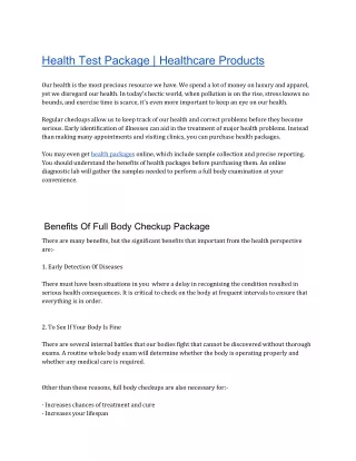 Health Test Package | Healthcare Products